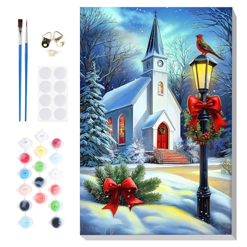 Bowetile Winter Paint by Numbers for Adults Framed Christmas, Church Adults' Paint-by-Number Kits, Adult Paint by Number Kits on Canvas, Acrylic Number Painting for Home Decor, 8x12in - color: Church