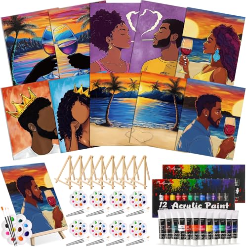 Ctosree 72 Pcs Lovely Couple Paint and Sip Kit for Adults 8'' x 10'' Pre Drawn Canvas for Painting DIY Pre Printed Canvas for Party Favor Afro Acrylic Painting Kit Wood Easel Brushes Date Night Bulk - style: Lovely Couple