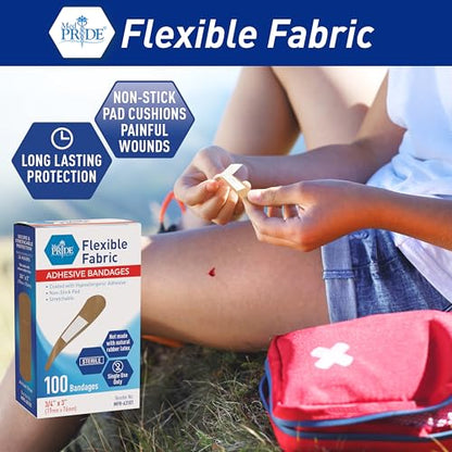 MED PRIDE Fabric Adhesive Bandages,Hypoallergenic,Latex-Free,3/4x3 in,100 - size: 3/4'' x 3'' - 100 Count
