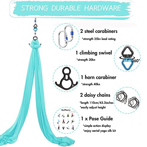 Aerial Silks Yoga Swing Set, Fitness Aerial Yoga Kit | Anti-Gravity Flight Aerial Yoga Hammock Kit; Low/Non Stretch Nylon Tricot Fabric; For Fitness & Dance; Hardware Included - color: Light Blue
