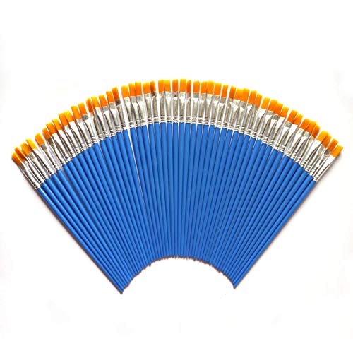 50 Pcs Flat Paint Brushes Value Pack, Synthetic Hair, Short Plastic Handle | Durability, Cleaning Ease for Painting with Acrylic, Oil, Watercolor, Gouache & Enamel for Beginners, Students & Teachers