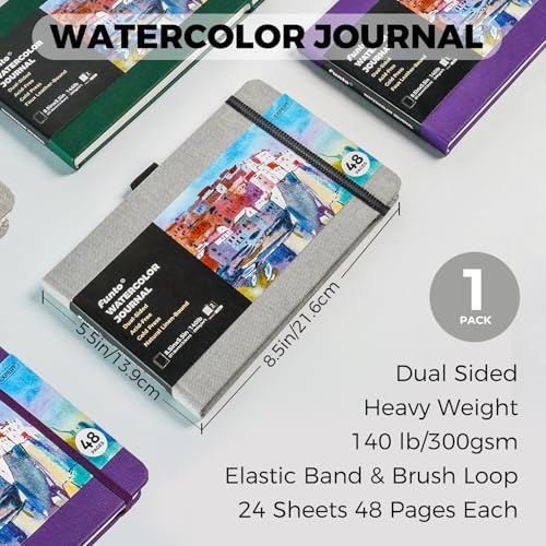 Funto Watercolor Journal, 8.5x5.5, 48 Pages, Cold-Pressed, Inner Paper Pocket and Elastic Band, Art Supplies for Mixed Media - color: 8.5x5.5-Gray