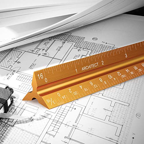 12" Architectural Scale Ruler Aluminum Architect Scale Ruler, Golden | Triangular Scale Ruler for Architects, Draftsman, Students and Engineers - color: Golden