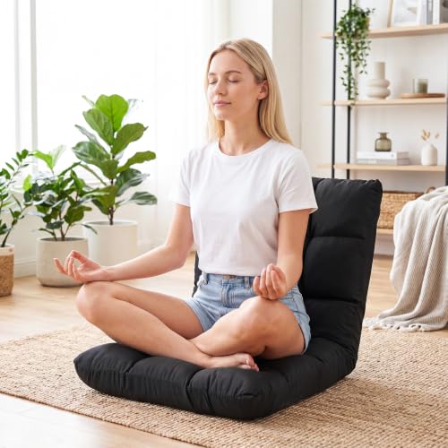 Giantex Adjustable Floor Gaming Sofa Chair 14-Position Cushioned Folding Lazy Recliner High Resilience Sponge, Breathable Cotton & Linen Fabric Sleeper Bed Couch Recliner (Black) - color: Black