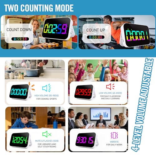 Kitchen Digital RGB Timer, Count Down Up, Rechargeable, Vibration Mode Adjustable Volume and Brightness LED Display, Time Management Cook - color: Rgb-sport