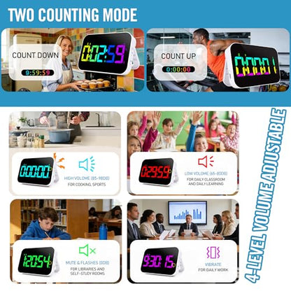Kitchen Digital RGB Timer, Count Down Up, Rechargeable, Vibration Mode Adjustable Volume and Brightness LED Display, Time Management Cook - color: Rgb-sport