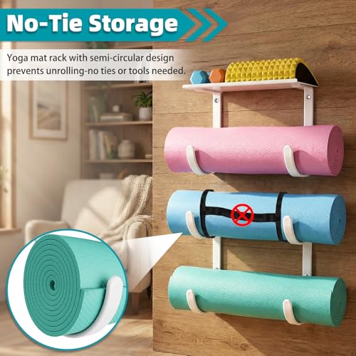 Yoga Mat Holder Wall Mount, No Tying, No Straps - color: 4-Tiers（with Floating Shelf）