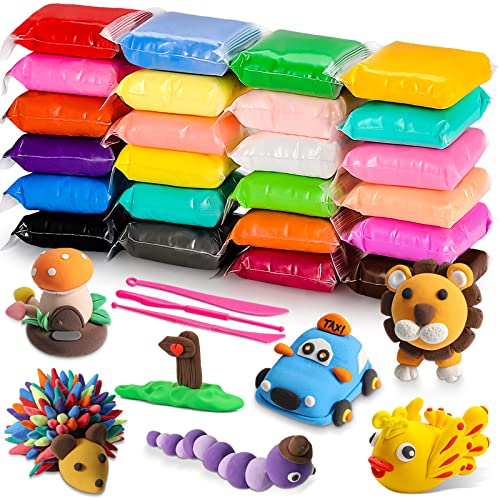 Air Dry Clay Kit for Kids – 24 Colors Non-Toxic Soft Modeling Clay Set | with 3 Sculpting Tools, DIY Arts & Crafts Supplies, Ideal Gift for Birthday, Christmas, Halloween (Ages 3+) - color: 24 Colors