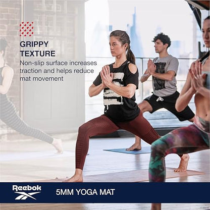 Reebok 5mm Solid Yoga Mat 68" x 24" Non-Slip, Lightweight, Foldable, and Durable Exercise Mat with Carry Strap for Home Workout, Yoga, Pilates, Fitness, and Outdoor Training - color: Hoops Blue