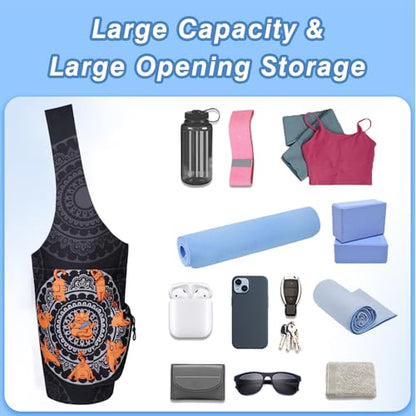 Yoga Mat Bag - Large Opening Long Tote Yoga Mat Carrier Holder Bag with Waterproof Wet Zipper Pocket and Drawstring Water Bottle Pocket - Yoga Bag Fit Most Size Mats - color: Cat Yoga Black