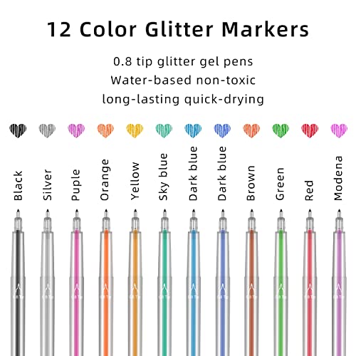 Glitter Gel Pen Set Compatible with Cricut Maker 3/Maker 4/Maker/Explore 3/4/5/Air 2/Air, 0.8 Tip Glitter Pen Set of 12 Pack Medium Point Pen, Writing, Drawing, Invitations, Cards - color: 12 Glitter Pens