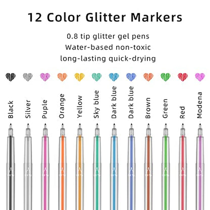 Glitter Gel Pen Set Compatible with Cricut Maker 3/Maker 4/Maker/Explore 3/4/5/Air 2/Air, 0.8 Tip Glitter Pen Set of 12 Pack Medium Point Pen, Writing, Drawing, Invitations, Cards - color: 12 Glitter Pens