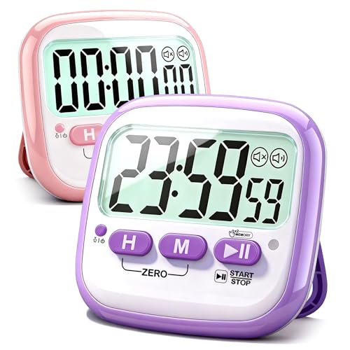 Antonki 2 Pack Classroom Timers for Kids Teachers, Magnetic Countdown Digital Kitchen Timer for Cooking, Study, Exercise, Games, Time Mangement - Loud/Silent Mode - Battery Included - color: 2* Pink & Purple ( Girls Favorite )