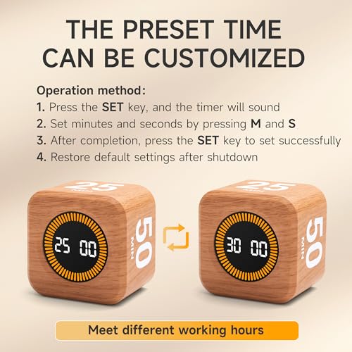 Rotating Productivity Cube Timer, 5/25/10/50 Min Presets, Wood Grain | Gravity sensor with mute function; ADHD-friendly desk timer for work, study, kitchen and back to school - color: Wood Grain Finish