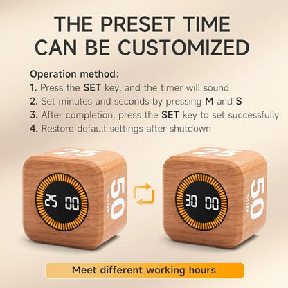 Rotating Productivity Cube Timer, 5/25/10/50 Min Presets, Wood Grain | Gravity sensor with mute function; ADHD-friendly desk timer for work, study, kitchen and back to school - color: Wood Grain Finish