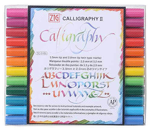 Kuretake ZIG Calligraphy Marker Pens, 24 Colors set, 2mm & 3.5mm Dual Tip Markers, for Writing & Hand Lettering, for Professional, Beginner, Water-based dye ink, Made in Japan - style: 24 Colors