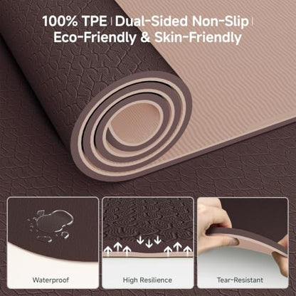 WeiLa Extra Thick Yoga Mat (10mm), Large TPE Workout Mat 74"x28" with Strap - color: Brown & Apricot