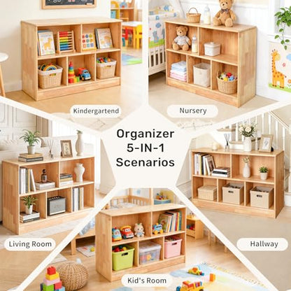WINGYZ Rubber Wood Montessori Shelf, 5-Compartment Wooden Storage Cabinet - size: 35.5"D x 11.8"W x 23.6"H