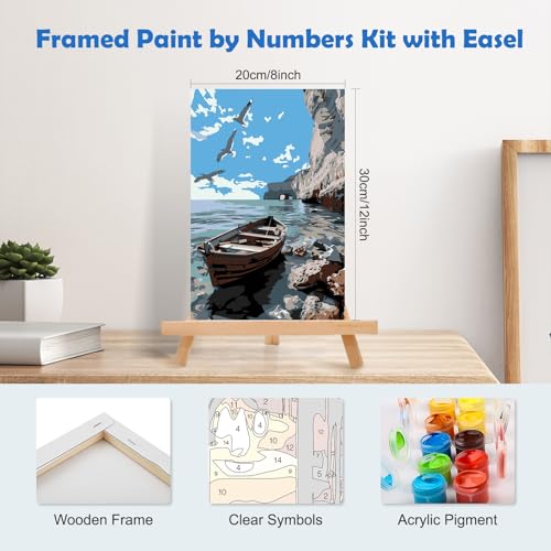 MOGTAA Paint by Numbers Kit for Adults with Frame, Lake Landscape Paint by Number Canvas, Birds Paint by Numbers with Easel, DIY Ship Oil Painting Kit for Home Wall Decor 8 x 12 Inch - color: Lake Landscape