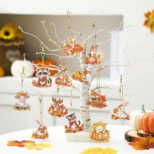 WILLBOND 30 Pcs Thanksgiving Diamond Art Kits for Adults, Animals Theme | Thanksgiving Diamond Painting Ornaments, Double Sided, DIY Thanksgiving Animals Diamond Painting Keychain for Adults - color: Fall Animal