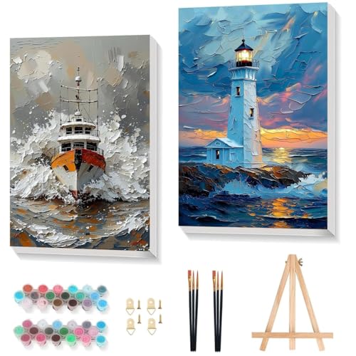 Gemozaic 2 Pack Framed Paint by Numbers Kit for Adults, Lighthouse & Ship | Easy Paint by Number for Adult Beginners with Easel, DIY Small Ocean Acrylic Numbers Painting, Home Wall Decor, Gift, 8x12 IN - color: BKH2336+2337