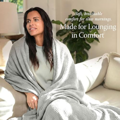 Threadmill Luxury Cotton Blankets for King Size Bed | All-Season Cozy 100% Cotton King Size Blanket | Herringbone Soft Fall Thermal Blanket fits California King Size Bed | Light Grey | All-Season Thermal Blanket, Soft & Breathable, Cozy Moisture-Wicking,