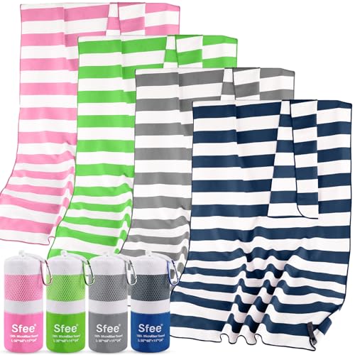 Sfee 4 Pack(8Pcs) Microfiber Travel Towel, Beach Towel Quick Dry Towel Camping Towel Super Absorbent Compact Lightweight Sports Gym Towels for Beach, Gym, Hiking, Pool, Backpacking, Bath, Yoga - color: Navy Blue+green+pink+grey, size: L 60"x30"+24"x15"