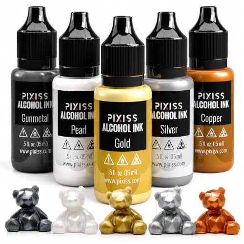 Metallic Alcohol Ink Set, Gold, Silver, Gunmetal, Copper, Pearl, Metallic Mixatives with Extreme Shimmer for Alcohol Ink Paper, Large 0.5 Ounce Inks - color: Metallics