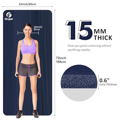 Gruper Yoga Mat Non Slip NBR Extra Thick Yoga Mat, 72"L x 32"/24"W x 0.6"/0.4"TH (185cm x 80cm/61cm x 15mm/10mm), Anti-Tear Exercise Mat with Carrying Strap and Bag, Workout Mats for Yoga, Pilates - color: Navy Blue, size: 72 x 32 x 0.6 inches