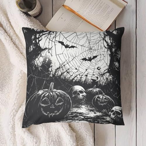 Pumpkins Skulls Spider Web Black White Throw Pillow Covers 18x18 Inch - color: Halloween Pattern Black White