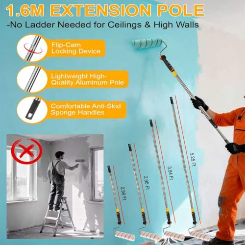 Paint Roller kit, Paint Roller Extension Pole 5ft | paint brushes,Paint Rollers 9"&4"paint tray liner . Perfect for DIY & Professional home renovation 15Piece Sets