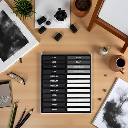 24 Pcs Compressed Charcoal Sticks with Soft, Medium, Hard and White Charcoal, Square Charcoal Stick Kit for Drawing, Sketching and Shading (12 Black + 4 Gray + 8 White) - color: 12 Black + 4 Gray + 8 White