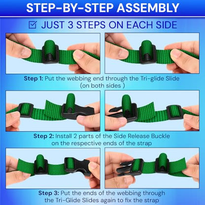 TECEUM 1" Nylon Strap Kit with Buckles, Green 6 yards Repair Set | Heavy duty hardware kit: 6yd webbing, 6 quick release buckles, 12 tri-glide slide clips, 6 metal D-rings for crafting. - color: Green, size: 1" - 6 yards, style: 6 Buckle - 12 Slides - 6 D