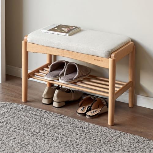 Oak Wood Shoe Bench, 24 Inch Entryway Bench with Light Gray Cushion - color: Natural + Light Gray Cushion, size: 23.62"