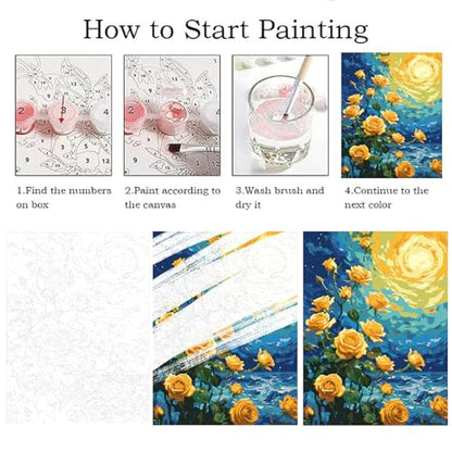ZRIZQ Flowers Paint by Numbers Kit for Adults Beginner,Yellow Roses,16x20 | Full set with wooden brushes,rolled canvas,rich paints.Calming activity.Beginner friendly.Just open and paint. - color: 16"X20"Rolled Canvas(Frameless)-Flowers 1