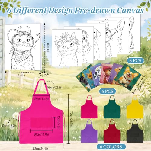 Cholemy 6 Set Paint and Sip Kit for Adults 8"x 10" Pre Drawn Canvas Painting with Wooden Easel Acrylic Paint Wash Cup Brushes Palette Apron for Painting DIY Adult's Date Party Supplies(Happy Pets) - style: Happy Pets