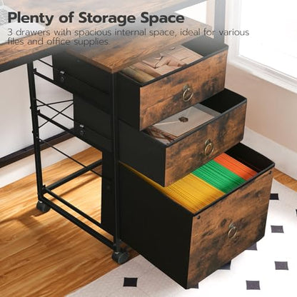 HOOBRO 3-Drawer Mobile File Cabinet, Vertical Filing Cabinet, Under Desk Cart with Drawers for Home Office, Rolling Printer Stand, A4/Letter-Sized, Fabric Drawer, Rustic Brown BF30WJ01 - color: Rustic Brown