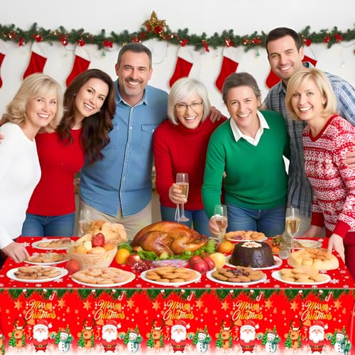 3 Pcs Merry Christmas Tablecloth - Winter Christmas Table Cloth, Disposable Plastic Rectangle Red Xmas Holiday Table Cover for Christma Decorations Party Supplies Tables Decor Favors, 108x54Inch - color: Christmas