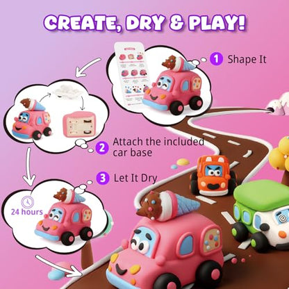 Air Dry Clay Kit for Kids - 3 Boxes Pull Back Car Making | Modeling Clay with Sculpting Tools, Base, Backing Board, Tutorial, Ultra Light & Soft, Creative DIY Arts and Crafts Toys - color: Fun Adventure Park