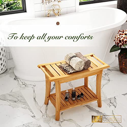 Unibambou Bamboo Shower Bench with Storage Shelf, Spa Bath Chair for Bathroom, Seat or Organizer for Living Room, Bedroom and Garden - Great for All Ages Unisex Elderly (Large, Natural) - color: Natural, size: Large 24x12x18 Inch