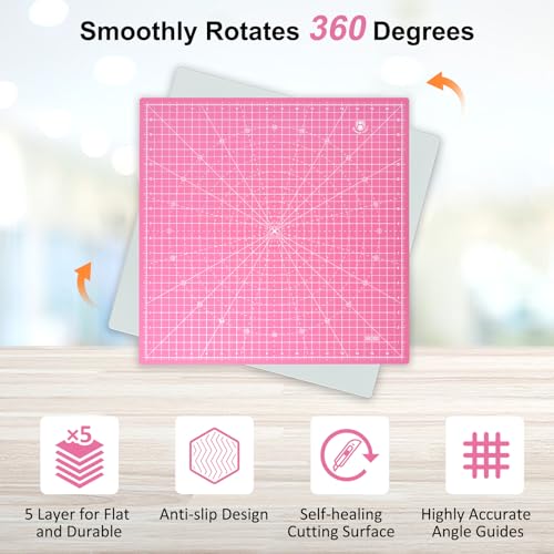 Headley Tools 17"x17" Rotating Cutting Mat, Self Healing Mat with 360-Degree Rotation & Anti-Slip Base, Sewing Board Cutting Mat Perfect for Fabric Quilting Leather Hobby Project, Pink - color: Pink, size: 17"L x 17"W