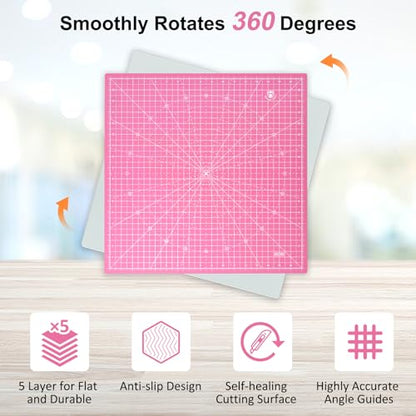 Headley Tools 17"x17" Rotating Cutting Mat, Self Healing Mat with 360-Degree Rotation & Anti-Slip Base, Sewing Board Cutting Mat Perfect for Fabric Quilting Leather Hobby Project, Pink - color: Pink, size: 17"L x 17"W