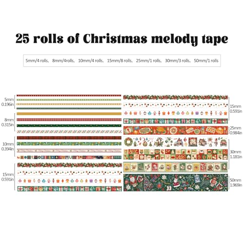 25 Rolls Christmas Gift Washi Tape Set, Festivals New Year Decorative Tapes for Scrapbooking, Junk Journal supplies, DIY Crafts Gift, Party Decorations, Bullet Journaling, 5-50mm Wide 9.84ft long/Roll - style: Christmas