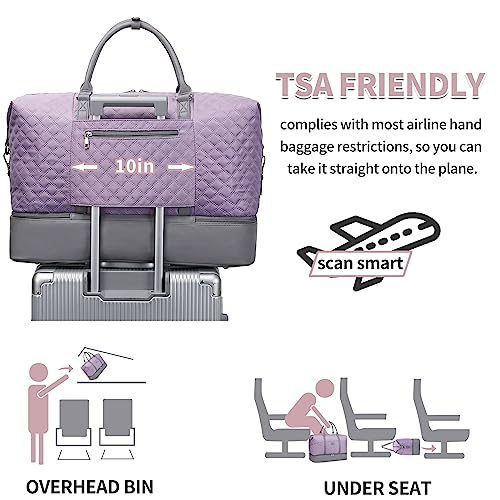 Weekender Bag, Large Travel Duffel Bag for Women, Carry on Overnight Bag with Shoe Compartment and Toiletry Bags - color: A-Purple