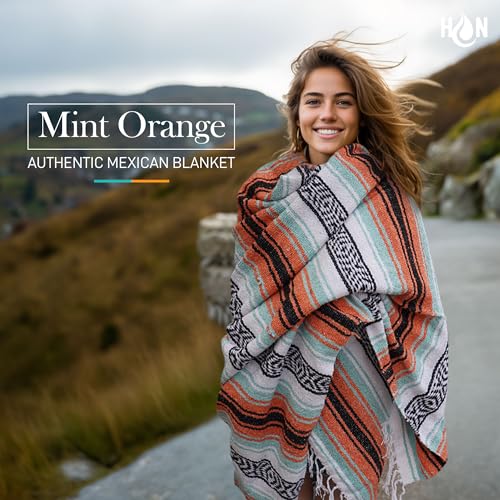 Hydration Nation Authentic Extra Large Mexican Blanket (70"x50") - Handwoven Yoga, Serape- Artisanal Falsa, Beach, Camping, Picnic, Outdoor (Mint-Orange) - color: Mint Orange