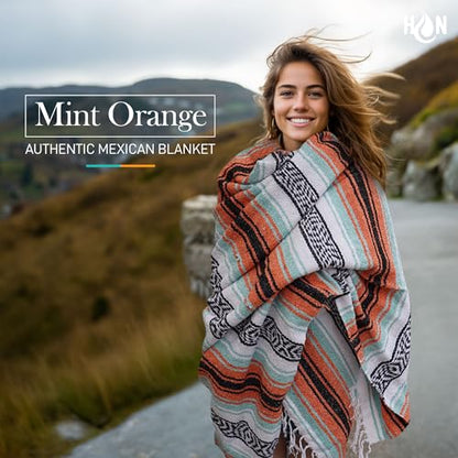 Hydration Nation Authentic Extra Large Mexican Blanket (70"x50") - Handwoven Yoga, Serape- Artisanal Falsa, Beach, Camping, Picnic, Outdoor (Mint-Orange) - color: Mint Orange