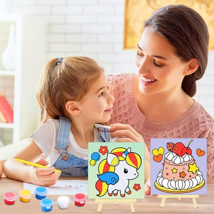 Tenceur 48 Pcs Kids Paint Party Favors Sets with 12 Pcs Unicorn Girl Cake Pre Drawn Canvas Panel and Wooden Easel Set Paint Pots and Brushes 12 Mini Apron and Tote Bag for Kids Girls Student Boys - style: Unicorn