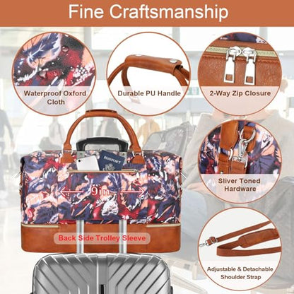 ITIEZY Weekender Bag for Women 21.5" Travel Duffel Large Carry On Bag 3PCS | Nylon Duffel Bag with Waterproof Shoe Compartment, Crossbody Bag and Toiletry Bag, Travel Weekend Hospital Overnight Gym Bag - color: 8-Purple Leaf