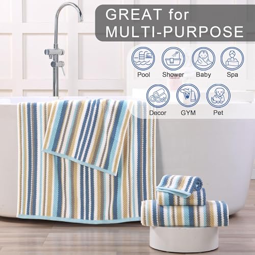 VOOVA & MOVAS Hand Towels 4 Pack, 100% Cotton, 16x27 in, Blue Gray Beige - color: Blue + Gray + Beige Striped, size: 4 PC Hand Towels (16"x27")