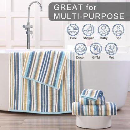 VOOVA & MOVAS Hand Towels 4 Pack, 100% Cotton, 16x27 in, Blue Gray Beige - color: Blue + Gray + Beige Striped, size: 4 PC Hand Towels (16"x27")
